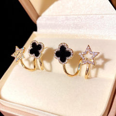 Sparkling Clover Star Earrings – Gold Plated Fashion Jewelry With Black Enamel & Crystal Detailing ( PXJ-107) - Golden